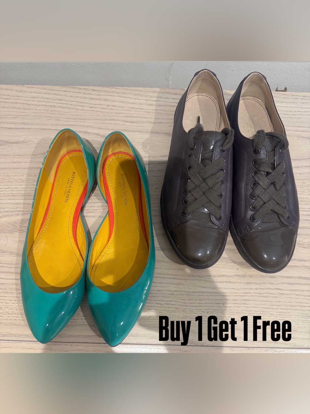 Bottega Veneta Teal Flats  Bottega Veneta Brown Sneakers